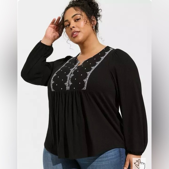 Textured Jersey V-Neck Embroidered
Yoke Long Sleeve Top - Picture 1 of 10